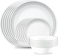 Corelle Vitrelle 18-Piece Service for 6 Dinnerware Set Triple Layer Glass and Chip Resistant, Lightweight Round Plates and Bowls Set, Mystic Gray