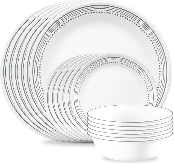Corelle Vitrelle 18-Piece Service for 6 Dinnerware Set Triple Layer Glass and Chip Resistant, Lightweight Round Plates and Bowls Set, Mystic Gray