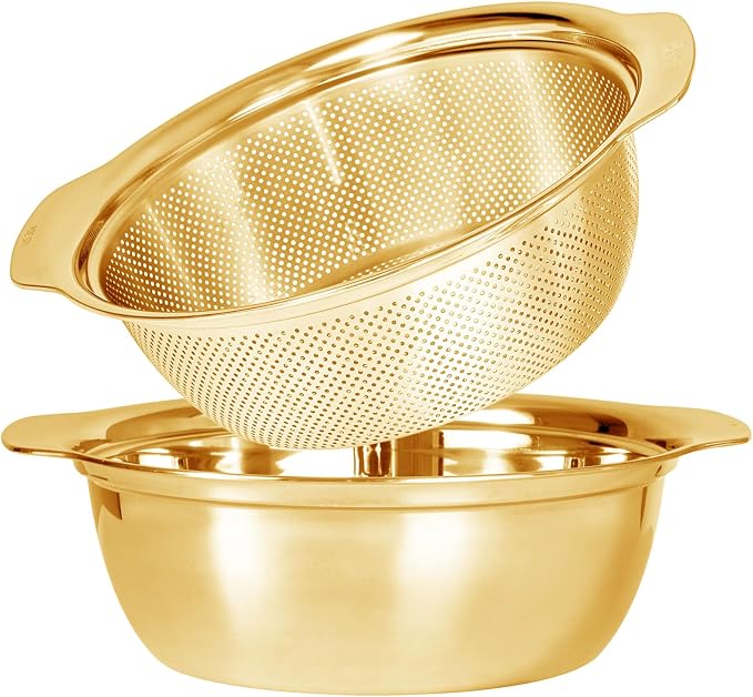 Paoli 304 Stainless Steel Fine Mesh Colander Set, 2QT Large Capacity Strainer with Mixing Bowl — Rinse Fruits, Veggies, Rice & Drain Pasta, Dishwasher Safe (2-Piece Gold)