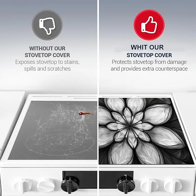 HOMETITUTE Stove Top Cover 28x20 Black White Floral Heat Resistant Mat