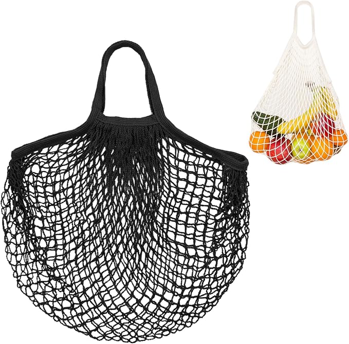 M METERXITY 1-Pack Cotton Mesh Bag, Reusable Washable Mesh Net String Grocery Bags, Reusable Produce Bags with Handle, Net Tote Bag for Fruits/Vegetables Shopping [Black, Short Handle]