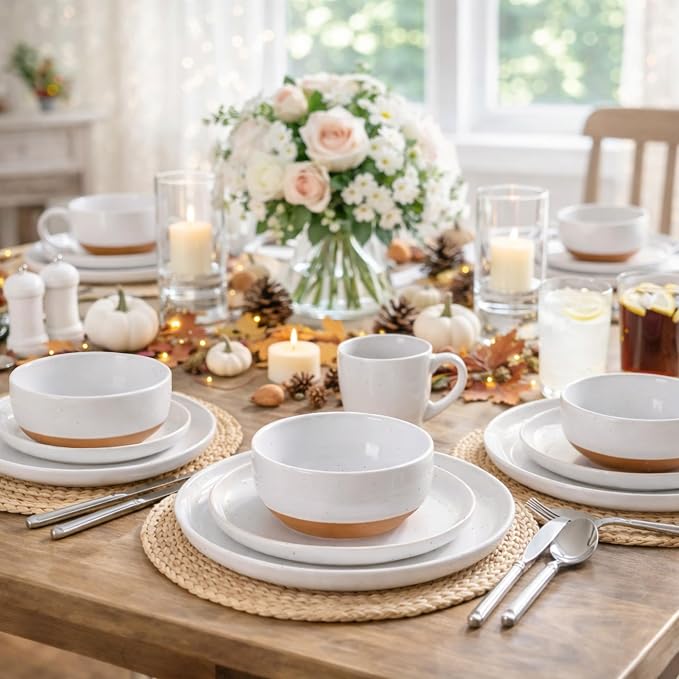 AmorArc Dinnerware Sets for 6, 18 Pieces Ceramic Plates and Bowls Set | Scratch Resistant Stoneware Dishes Set, Dishwasher & Microwave Safe,White