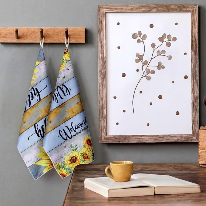 4 Pcs Sunflower Kitchen Towels Farmhouse Hand Dish Towels | Absorbent Fast Drying Decor Welcome Home Floral Dishcloth Housewarming Gift for Spring Summer Cooking Bathroom Kitchen Decor