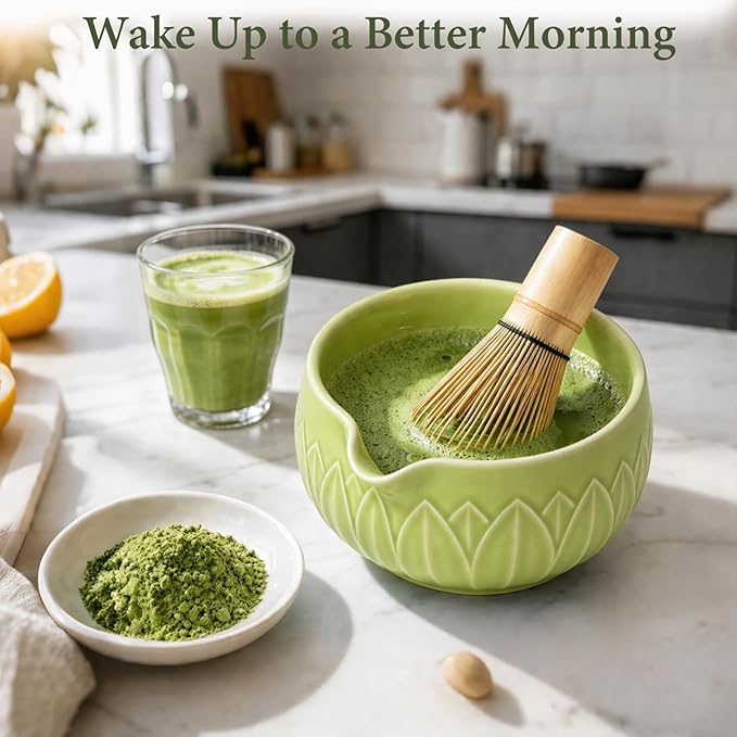 Matcha Whisk Set, Ceramic Matcha Set Includes Bowl & Holder, Bamboo Whisk (Chasen), Scoop, Spoon and Sifter, 6Pcs Matcha Kit Covers Everything Needed for Making Matcha (Leaf Green)