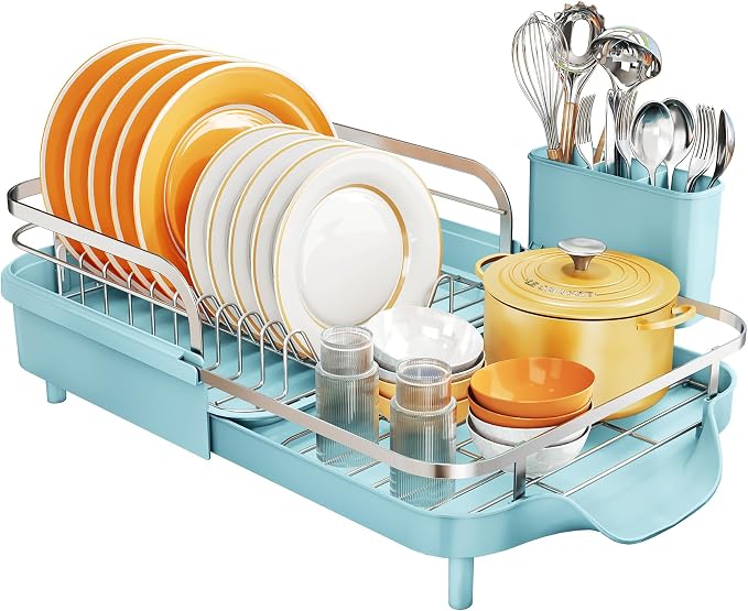 SNTD Expandable Dish Drying Rack for Kitchen Counter, 15.2-22.1 in, Blue | Rust-Resistant Stainless Steel, Protective Side Rails, Self-Draining Drainboard, Removable Utensil Holder