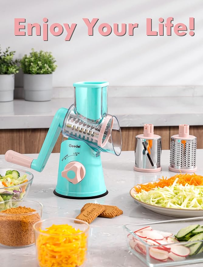 Geedel Rotary Cheese Grater, Kitchen Mandoline Vegetable Slicer with 3 Interchangeable Blades, Easy to Clean Rotary Grater Slicer for Fruit, Vegetables, Nuts | 3 Blades, 430 Stainless Steel, 12x Fast Cutting, Strong Suction Base, No BPA, Dishwasher Saf...