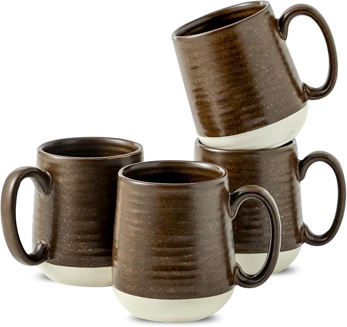 HASENSE Ceramic Coffee Mug Set of 4, 15 oz Coffee Cups with Big Handles, Large Latte Mugs for Men and Women, Christmas Cups for Tea, Hot Cocoa, Latte, Cappuccino, Dishwasher Microwave Safe, Brown