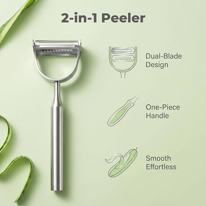 2-in-1 Stainless Steel Julienne Vegetable Peeler, One-Piece Metal Construction, Sharp Dual Blades for Potatoes, Carrots, Apples, Citrus, Dishwasher Safe