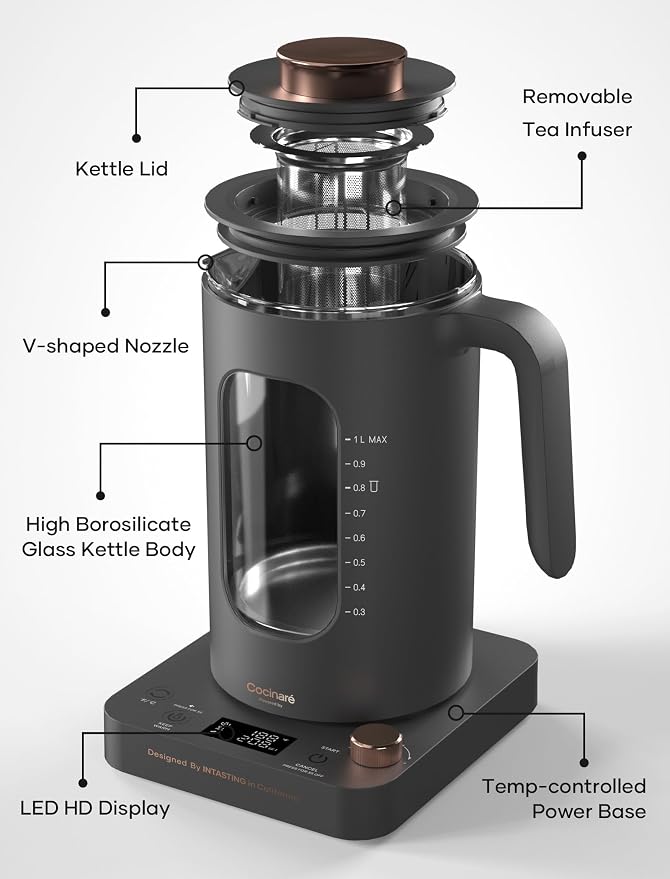 INTASTING Electric Tea Kettle with Infuser, 1℉ Temperature Control, 1 Liter | 1200W Fast Heating, BPA-Free Glass, Easy to Clean, Keep-warm, Auto shut-off, Dark Gray