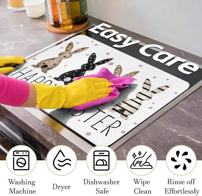 Happy Easter Glass Stove Top Covers for Electric Stove,Spring Rabbit Bunnies Polka Dots Heat Resistant Cooktop Protector Non-Slip Washable Dish Drying Mat Rug Pad for Kitchen Decor 28"x20"