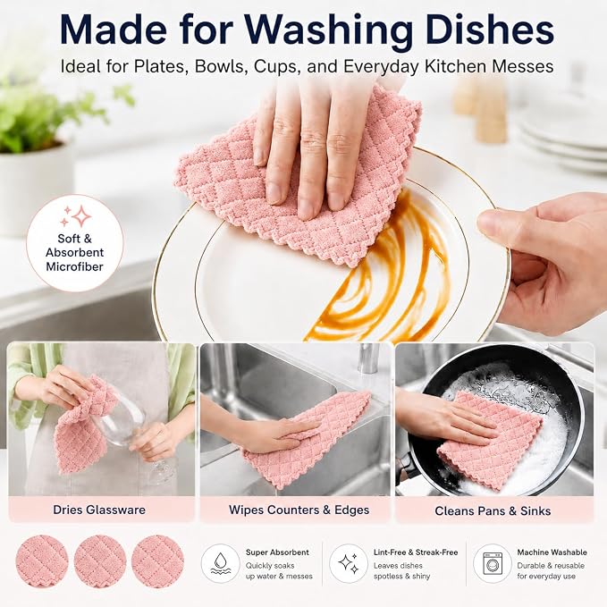 kimteny 12 Pack Dish Cloths for Washing Dishes | Super Absorbent Microfiber Kitchen Dish Rags, Fast Drying Coral Velvet Dish Cloths for Kitchen Counter and Dishes, Pink-Grey