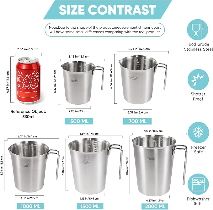 Newness 5-Pack Stainless Steel Measuring Cups Set, Metal Measuring Cup | (3 Marking, Cup/ML/Oz Scale)(2, 3, 4, 6 & 8 Cup) Metal Measuring Cup with Handle For Prepping, Baking and Cooking, Dishwasher