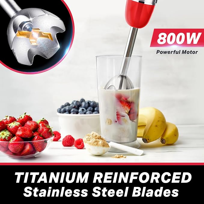 Mueller Multistick 5-in-1 Immersion Blender Handheld, 12-Speed Hand Mixer | Turbo Boost, Heaviest Duty Copper Motor, Titanium Blades Hand Blender, Milk Frother Wand, Whisk, Beaker, Chopper, Red
