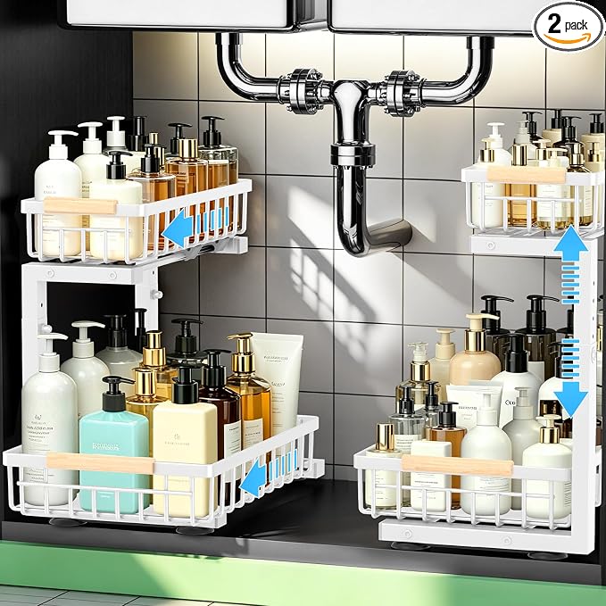 Under Sink Organizer 2 Pack, Double Slide Out Metal Shelf, White | Pull Out Kitchen Storage Cabinet Organizer, 2-Tier Under Sink Storage Rack for Bathroom Laundry Kitchen Storage with Drawer