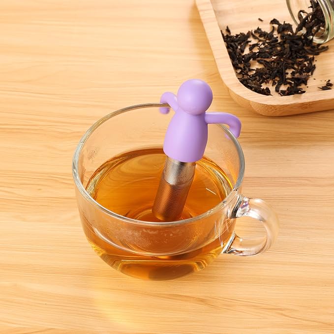 Loose Leaf Tea Steeper Infuser Extra Fine Mesh Stainless Steel, Purple | Stainless Steel Fun Person-shaped Design Tea Strainer Filter with Silicone Handle for Loose Tea Ball for Cup Mug