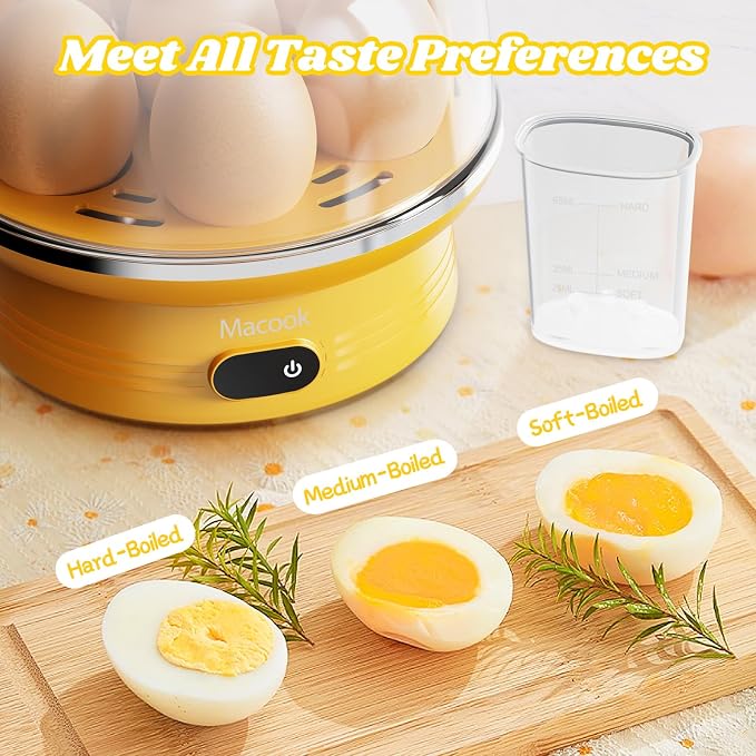 Macook Easter Rapid Egg Cooker with Touchscreen – 7-Egg Capacity, Soft/Medium/Hard-Boiled, Auto Shut-Off, BPA-Free & Dishwasher-Safe Parts, Measuring Cup Included (Yellow)
