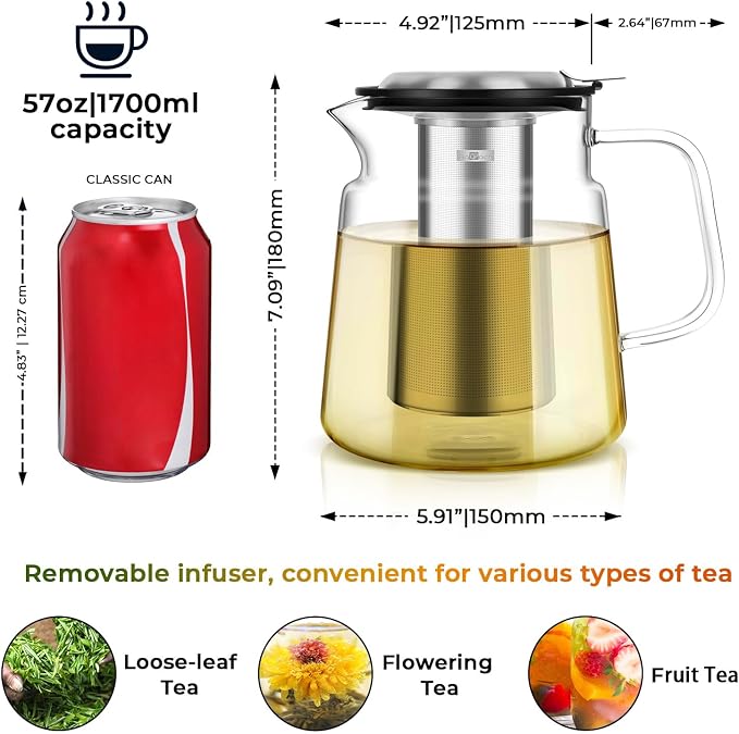 Aquach 57oz Glass Tea Pot with Infuser, Stovetop Safe Borosilicate Teapot | Dishwasher Safe, Plastic-free, Daily Sharing Size, Precise Loose Leaf Filter, Easy-clean