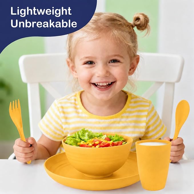 20 Piece Wheat Straw Dinnerware Sets for 4, Unbreakable Dish Set,Reuseable Kids Plates and Bowls Sets for 4, Lightweight Kitchen Dishware Set for Camping, Picnic, and Famliy Meal - Yellow