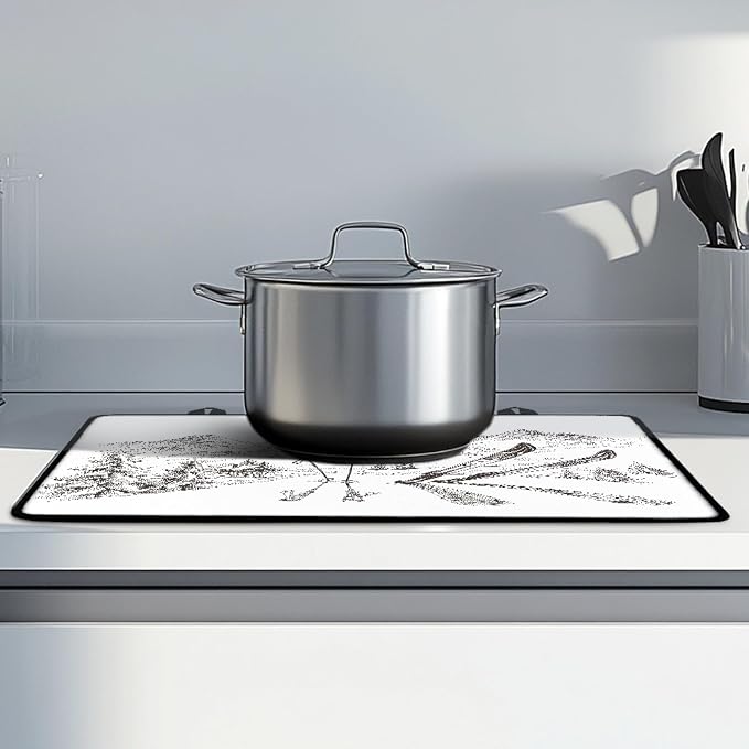 Winter Mountains Panorama Stove Top Covers for Electric Stove, White Sketch Glass Stovetop Cover with Lanyard Snowy Cottage Ski Pattern Countertop Protector Mat for Kitchen 28 x 20 Inch