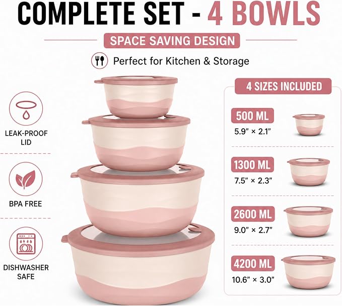 Pera Mixing Bowls with Lids, 8-Piece Airtight Leak-Proof Nesting BPA-Free Prep Bowl Set for Kitchen & Food Storage, Large 4200ml Capacity, Microwave & Dishwasher Safe
