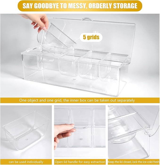 Condiment Tray with Stainless Steel Tableware, Chilled Condiment Server | Bar Accessories with 5 Spoons, 5 Forks and 1 Clip with Removable Trays and Lid