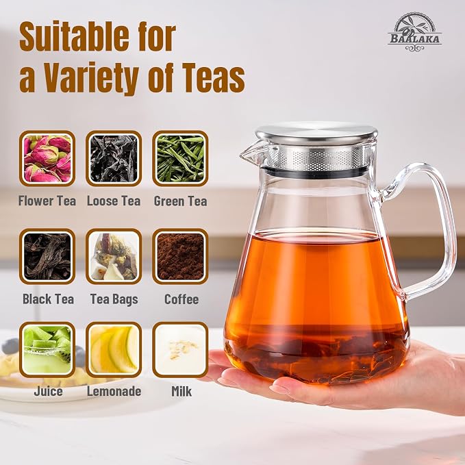 Baalaka Glass Teapot with Infuser, Stovetop Glass Tea Kettle, 33oz/1000ml | One-touch borosilicate loose leaf tea steeper with removable steel filter lid; glass body works in microwave and dishwasher