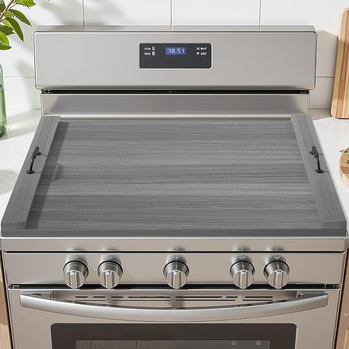Gas Stove Top Cover: Wooden 30 * 22 Inches Electric Stovetop Covers, Noodle Board with Handles, Wood RV Cutting Board for Kitchen Counter (Grey)