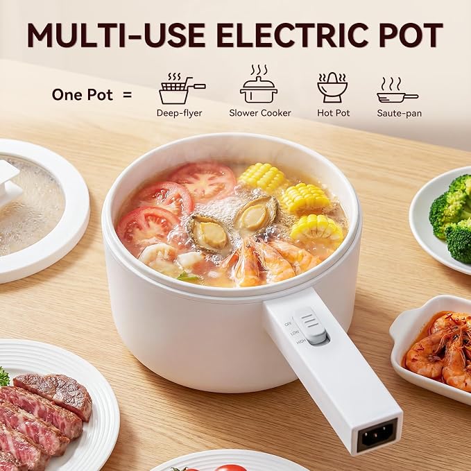 Electric Hot Pot, 1.5L Mini Electric Pot with Ceramic Non-stick Coating | Dual Power Control Electric Pot for Cookin Steak, Egg, Fried Rice, Soup,Ramen Cooker for Dorm, Travel, Camping, RV