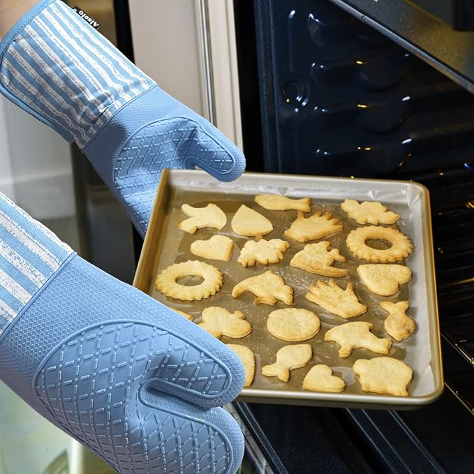 Alselo Silicone Oven Mitts Heat Resistant 932℉ with Waterproof & Non-Slip | Kitchen Mittens Set of 2,Extra Long Oven Gloves with Soft Cotton Terry Lining for Baking Cooking Barbecue (Blue,2)