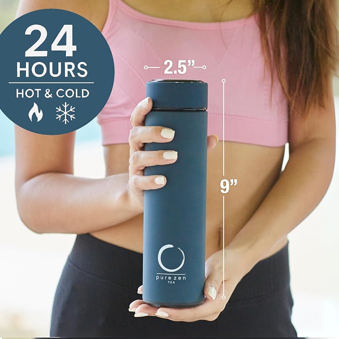 Pure Zen Tea Insulated Tea Infuser Bottle, 15 oz, Tea Thermos with Infuser | Leakproof, Hot and Cold 24 Hrs - for Tea, Coffee and Water, Stainless Steel, Tea Gift Set, Tea Tumbler with Infuser, Blue
