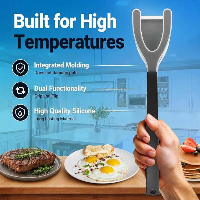 Silicone Egg Flipper Spatula Tongs (Set of 1) – Non-Stick 2-in-1 Grip & Flip Kitchen Tongs for Pancakes, Fish, Eggs, and More – Heat Resistant Cooking Tool (Black)