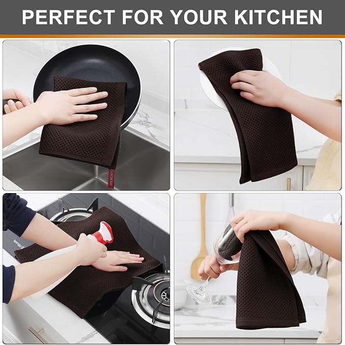 Kitinjoy 100% Cotton Waffle 4-Pack Kitchen Towels, 13" x 28", Dark Brown | Super Soft, Ultra-Absorbent, Fast Drying, lightweight, Quick Drying Kitchen Hand Towels