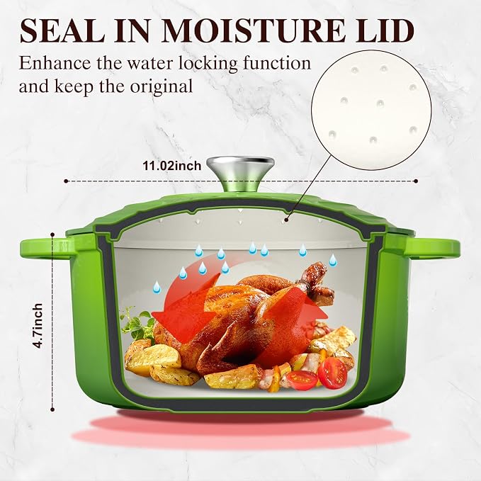 Umite Chef 7QT Enameled Cast Iron Dutch Oven with Lid & Cotton Potholders–Heavy-Duty Cookware for Bread Baking, Braising, Stews, Marinate, Cook,Refrigerate & Serve(Green)