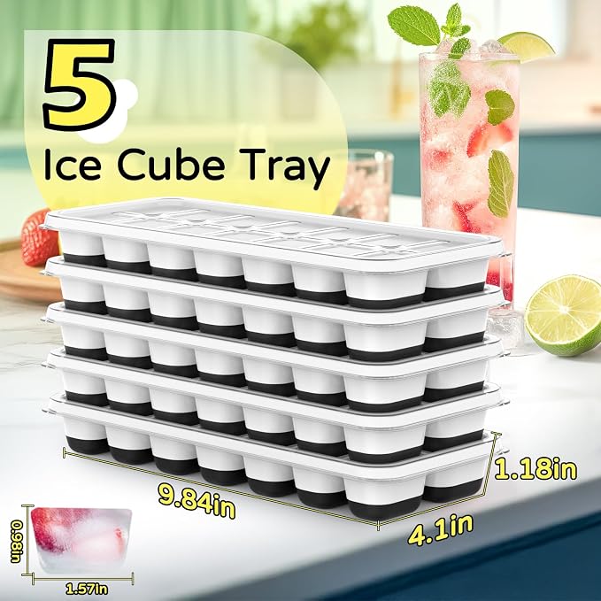 Ice Cube Tray 5 Pack, Stackable Silicone Ice Cube Trays with Lid, Easy Release Reusable Ice Tray, BPA-Free Rectangular Ice Cube Mold Set for Cocktails, Coffee, Whiskey & Drinks, Black