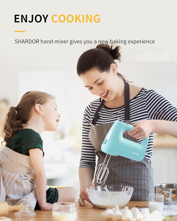 SHARDOR Hand Mixer Electric, 6 Speed & Turbo Mixer Electric Handheld, Snap-On Storage Case,5 Stainless Steel Accessories for Whipping, Mixing Cookies, Brownie, Cakes, Dough Batters (Blue)