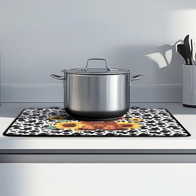 Cartoon Highland Cow Sunflower Print Stove Top Covers Waterproof Electric Stove Cover Mat 29.18 x 20.96 inch Glass Cooktop Protector Large Coffee Machine Mat for Flat RV Range