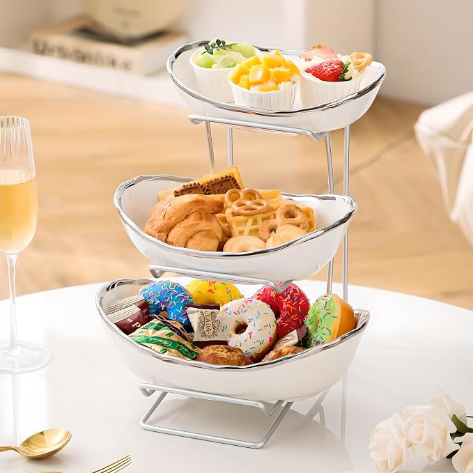 Gold Silver Fruit Bowl with Metal Stand, 3 Tier Ceramic White Fruit Bowl Fruit Rack for Kitchen Counter, Tiered Fruit Basket for Snacks Bread Candy Storage (White B (Smooth Surface))