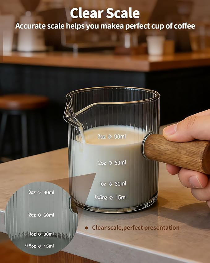 Espresso Measuring Cup 3 Oz, Espresso Glass Cups with Wood Handle, Milk Frothing Cup, Espresso Cup for Coffee, Milk, Tea or Maple Syrup Serving (Gray, 3 oz)