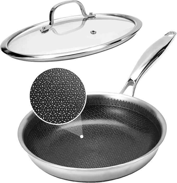 10 Inch Tri-Ply Stainless Steel Hybrid Frying Pan with Lid - Ceramic Nonstick Skillet, Induction & Oven Safe 600°F, PFAS/PFOA Free Professional Clad Cookware