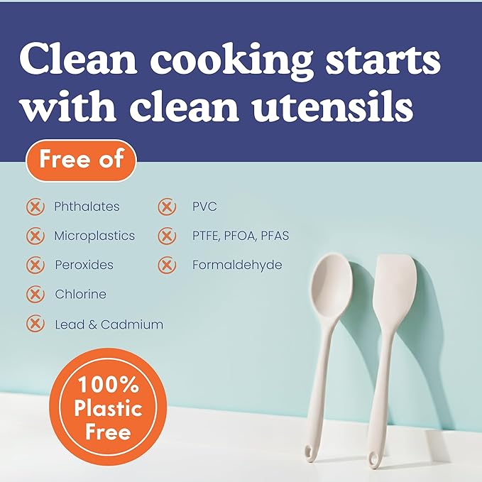 NonToxic Platinum Silicone Utensils, 100% Plastic-Free, 8-Pcs, Gray | LFGB-certified platinum silicone. Solid steel core, no hidden plastics. 500°F heat resistant. Non-scratch. Dishwasher safe