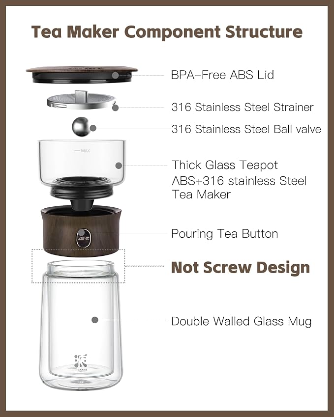 ZENS Glass Infuser Teapot, One Touch Tea Maker for Loose Leaf Tea | Modern Magic Tea Diffusers with 9oz Insulated Mug, Portable Tea Infuser Pot for Herbal Tea Lovers Gifts