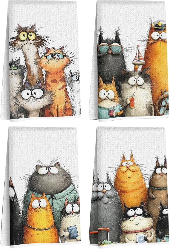 4 Pcs Cute Cat Kitchen Towels, Funny Cats Gifts Absorbent Hand Towels-04 | Cat Dish Cloths for Drying Dishes, Cats Waffle Dish Towels for Kitchen Home Bathroom Decor, Cat Lover Gifts for Women Mom