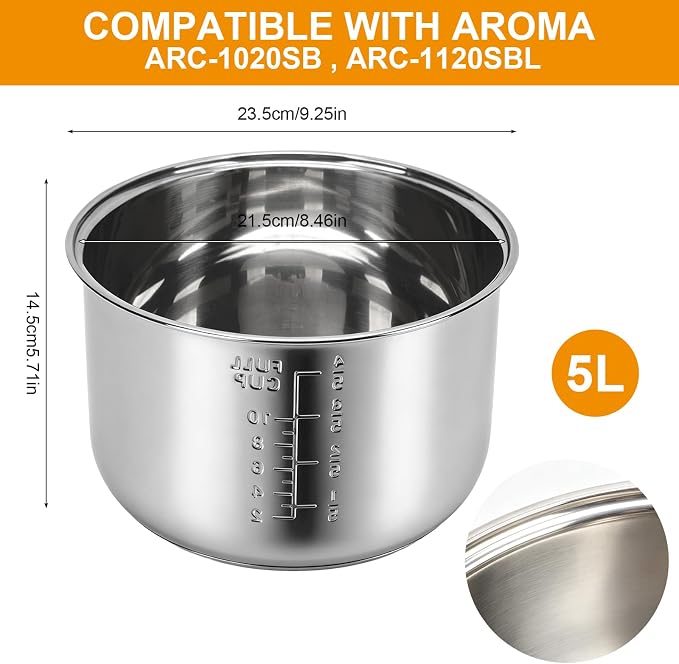Electric rice cooker inner pot Compatible with Aroma ARC-1020SB&ARC-1120SBL | 5L/20-Cup Stainless Steel Rice Cooker Bowl Inclined plane,Dishwasher Safe Inner Pot with Even Heating for Rice, Soup & Meal