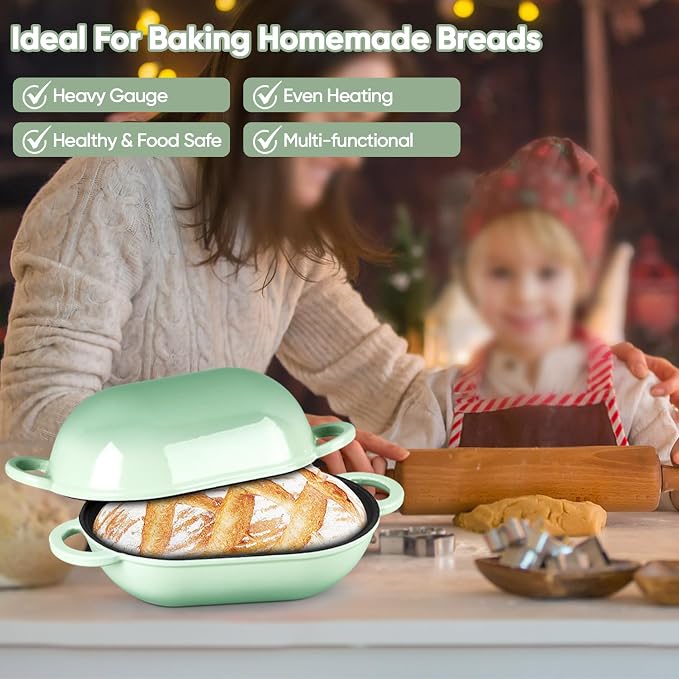 TeamFar Enameled Cast Iron Bread Loaf Pan, 2 QT Oval Dutch Oven with Lid | for Sourdough Bread Baking, Enameled Meatloaf Loaf Baking Pan with Lid, Even Heating & Self-Basting, Pistachio Green