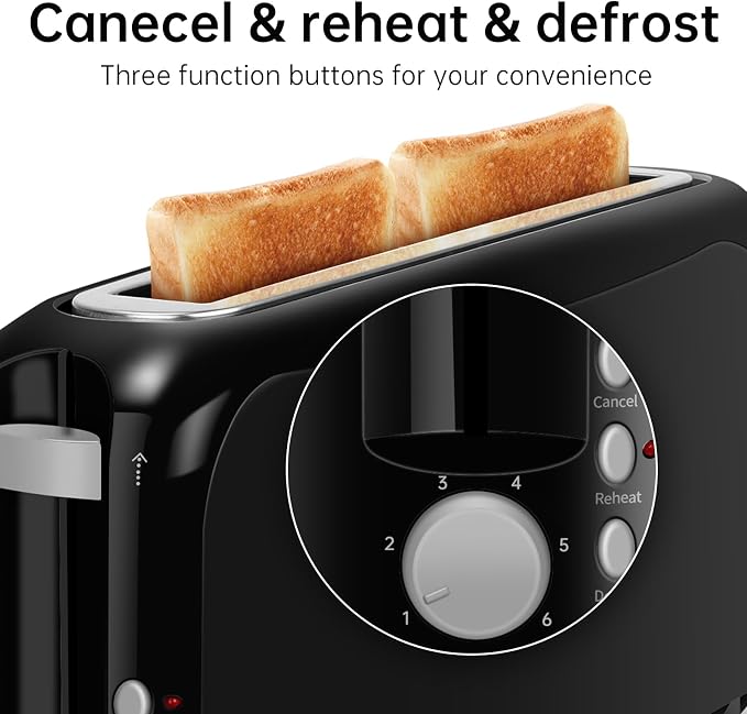 SEEDEEM 2 Slice Slim Toaster, 10" Long Slot, 6 Shade Settings, Black | Long Slot, 6 Shade Settings, Cancel/Reheat/Defrost, Removable Crumb Tray