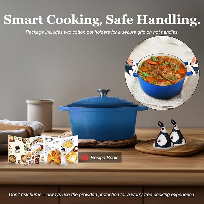 Overmont Enameled Cast Iron Dutch Oven - 4.5QT Pot with Lid Cookbook & Cotton Potholders - Heavy-Duty Cookware for Braising, Stews, Roasting, Sourdough Baking blue