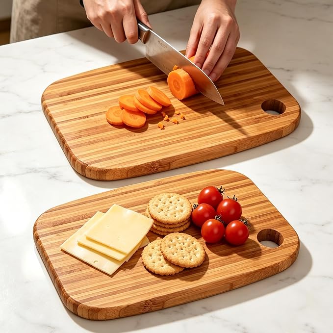 2 Pcs Small Bamboo Cutting Boards Set for Kitchen with Hanging | Mini Bamboo Cutting Board Set of 2 for Vegetables, Fruit, Bread, Meat - BPA Free, 9" x 6.5"