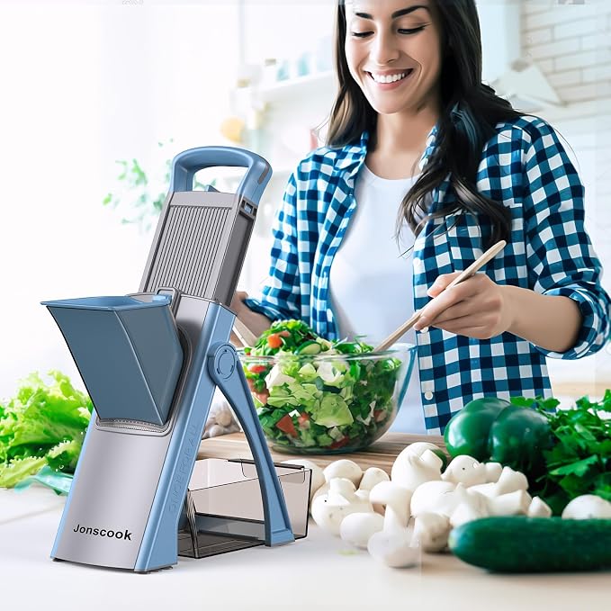 All-in-1 Safe Mandoline Slicer for Kitchen, Food Chopper with Container | 0.1-8mm Thickness Vegetable Chopper, Safe Mandoline Slicer, Potato French Fry Cutter Tomato Apple Slicer Onion (Blue)