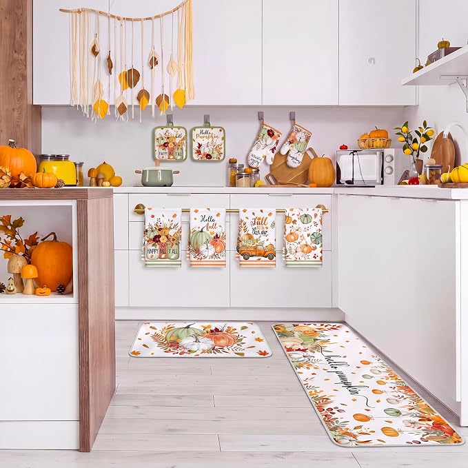 Fanfanwin 10 Pcs Fall Kitchen Decor and Accessories Set Pumpkin Kitchen Towels Maple Leaves Pot Holders Oven Mitts and Rugs Set for Home Decorations Cooking Baking Housewarming Gifts