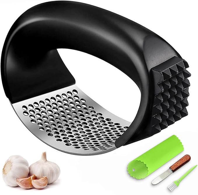 Garlic Press, Upgrade Garlic Mincer Stainless Steel Garlic Press Rocker, Professional Kitchen Gadget with Ergonomic Handle, Garlic Peeler